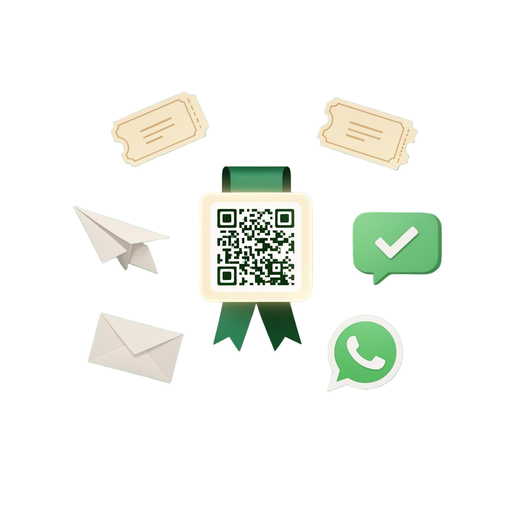 Event ticketing, QR badges, and WhatsApp + email engagement, illustrated.